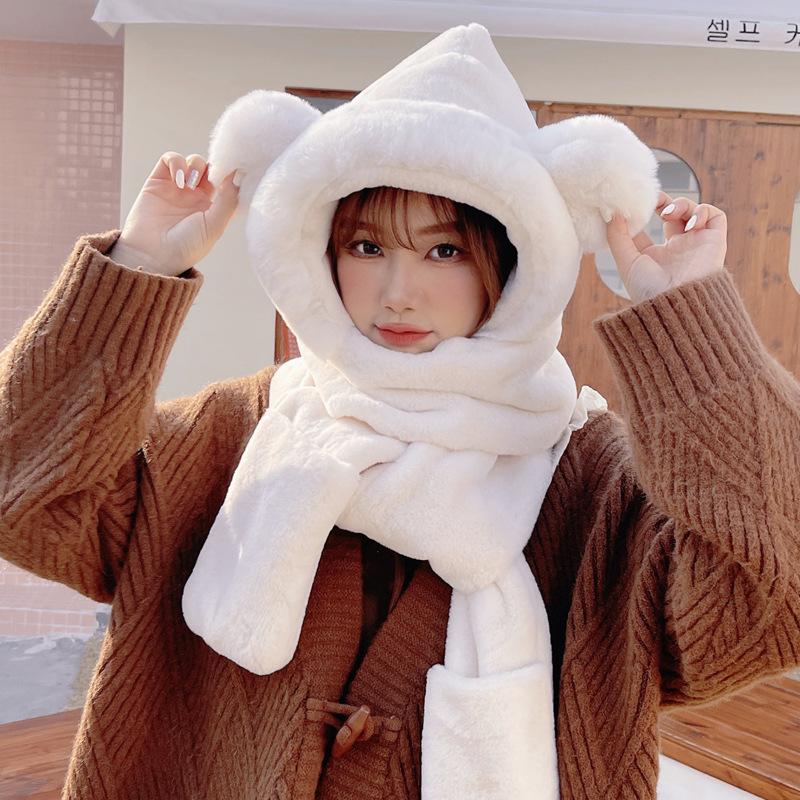 Шапка, шарф, перчатки, цельная шапка, женский толстый теплый и милый плюшевый шарф на осень и зиму белый