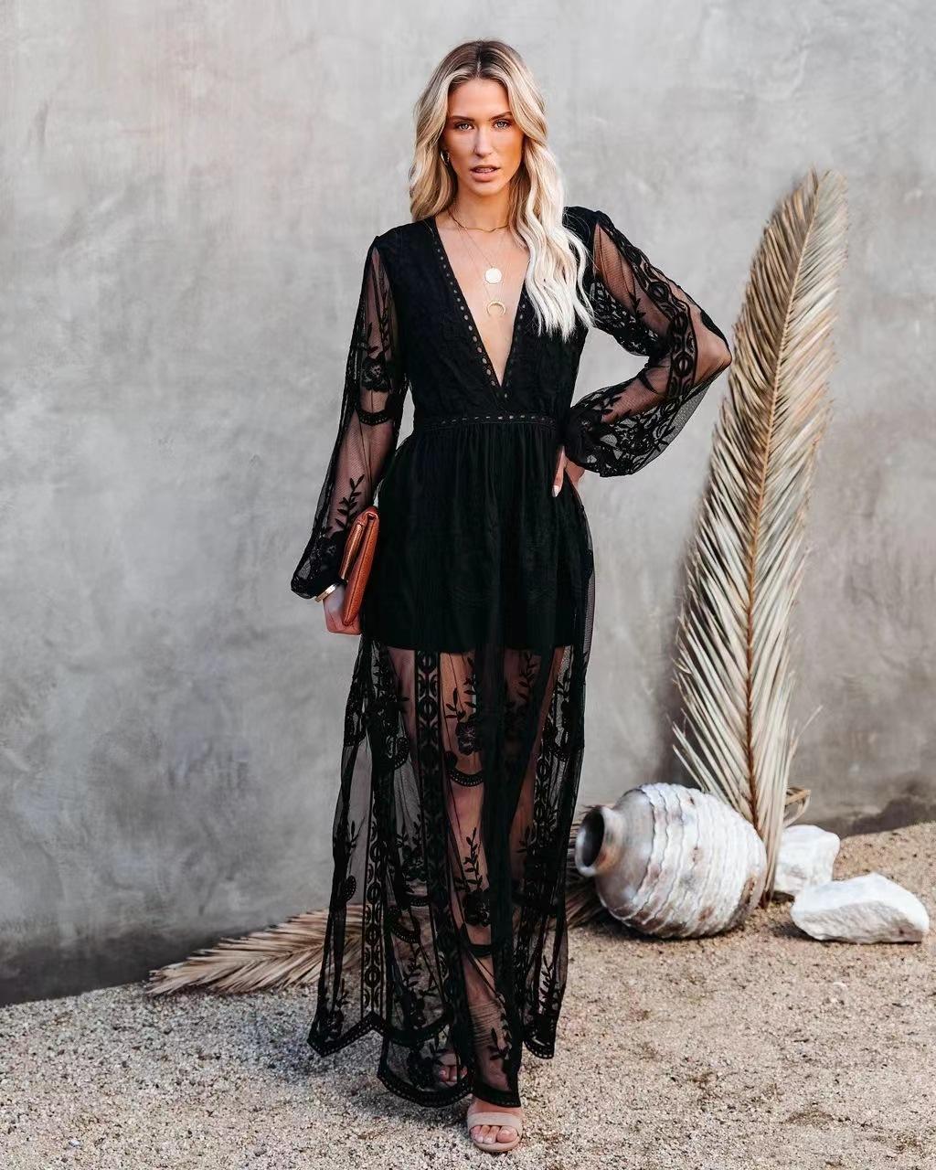 Spring and summer new European and American women s clothing, lace long-sleeved V-neck solid color chiffon summer dress XXL чорний
Spring and summer new European and American women s clothing, lace long-sleeved V-neck solid color chiffon summer dress XXL чорний