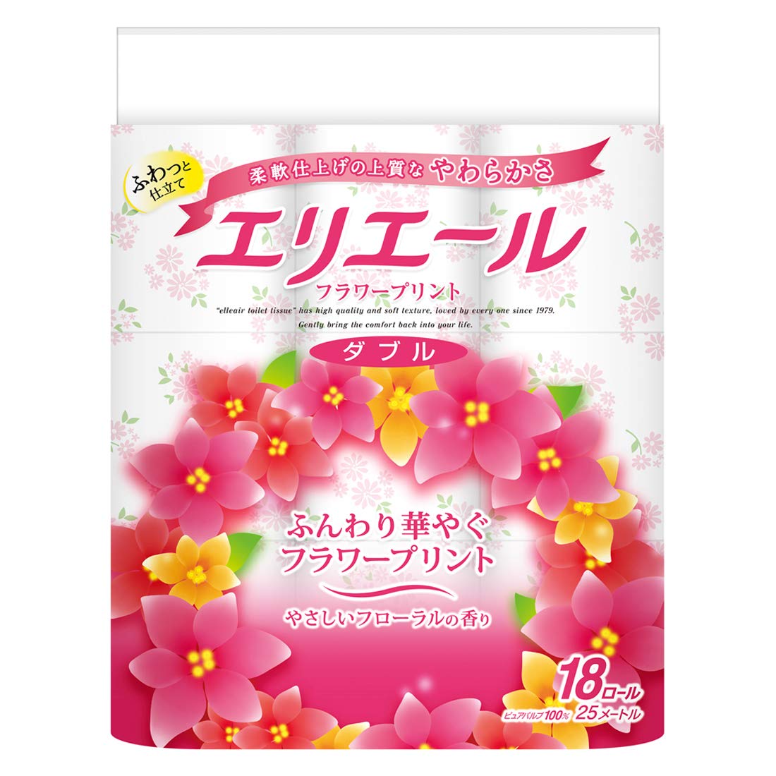 Elleair Toilet Paper Flower Print 25m x 18 Rolls Double 100% Pulp Elegant Flower Scent
Elleair Toilet Paper Flower Print 25m x 18 Rolls Double 100% Pulp Elegant Flower Scent