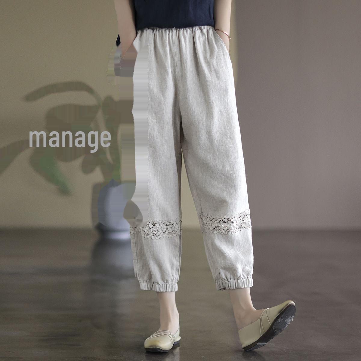 Женские шаровары из хлопка и льна в стиле ретро - 9-точечные, однотонные шаровары с кружевным узором для весны, лета и осени. Универсальный и повседневный. XL 60-67.5 kg