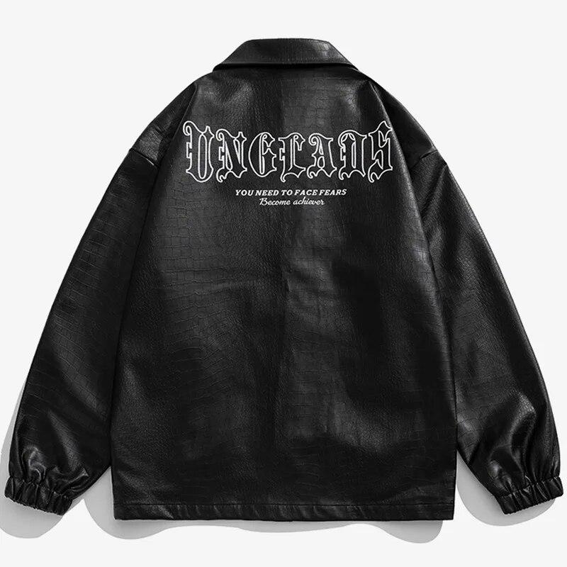 Men Black Leather Jacket Fall Winter Clothing Gothic Letter Print Windproof Coat Woman Casual Loose Jackets Hip Hop Streetwear
Men Black Leather Jacket Fall Winter Clothing Gothic Letter Print Windproof Coat Woman Casual Loose Jackets Hip Hop Streetwear