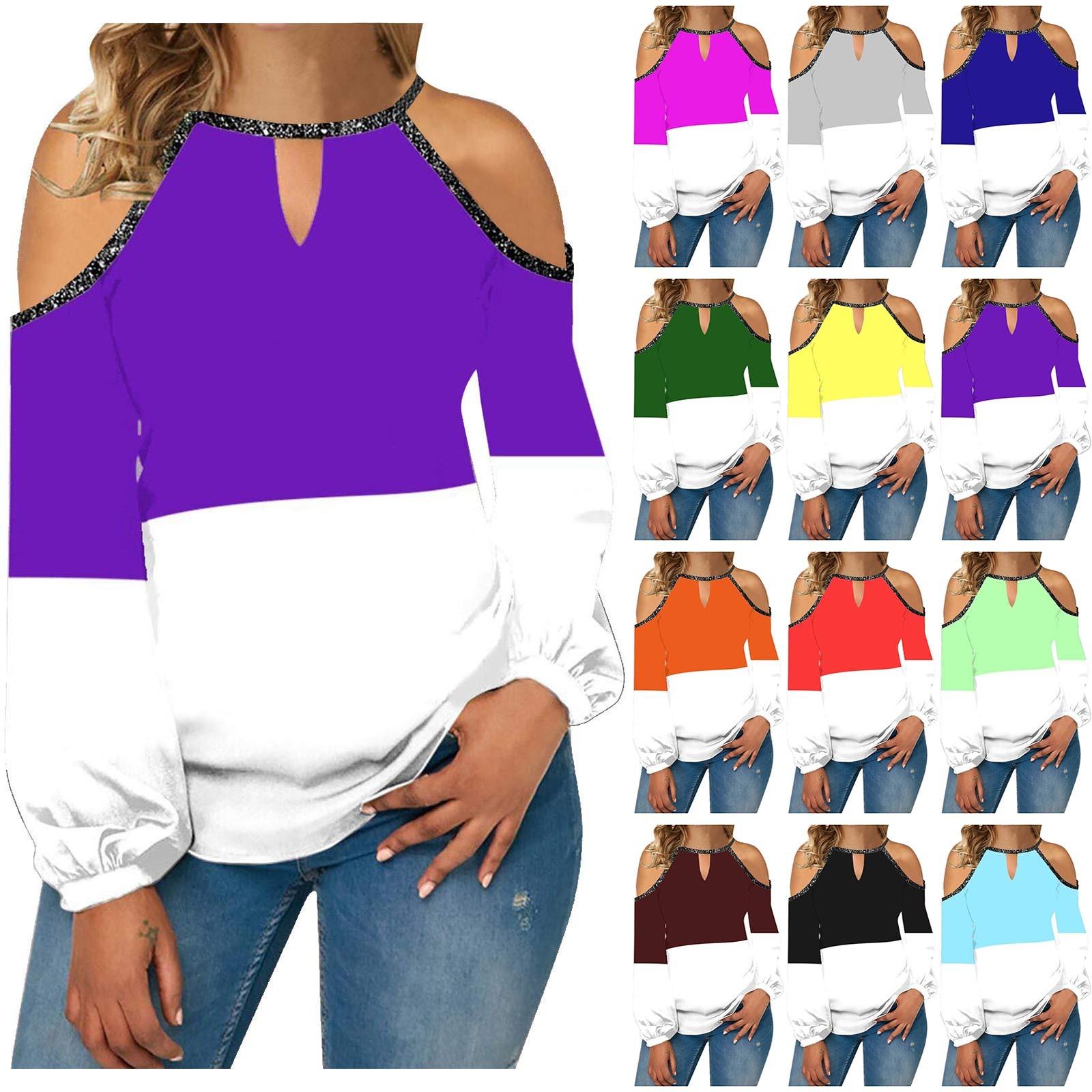 Женская мода, повседневная темпераментная футболка с круглым вырезом и открытыми плечами, нерегулярный цвет, футболка с длинными рукавами, топ 
Женская мода, повседневная темпераментная футболка с круглым вырезом и открытыми плечами, нерегулярный цвет, футболка с длинными рукавами, топ