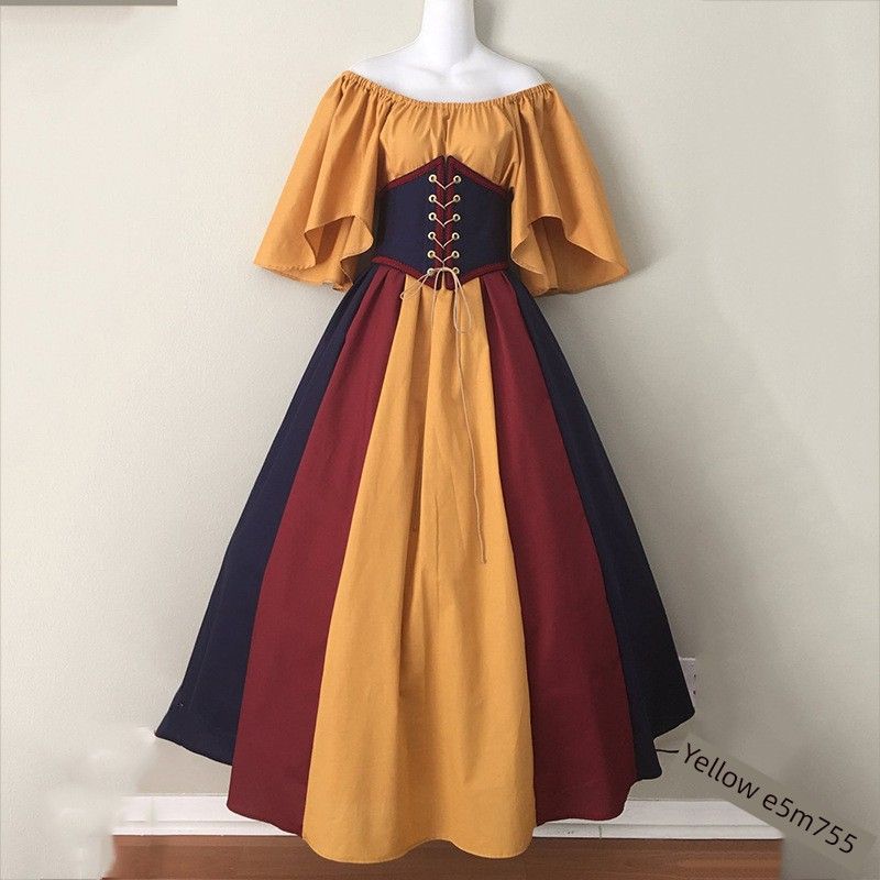 European and American Medieval Renaissance Retro Patchwork Flying Sleeves Waist Seal Lace-up Large Swing Skirt Women Dress Women Yellow XXXL
European and American Medieval Renaissance Retro Patchwork Flying Sleeves Waist Seal Lace-up Large Swing Skirt Women Dress Women Yellow XXXL