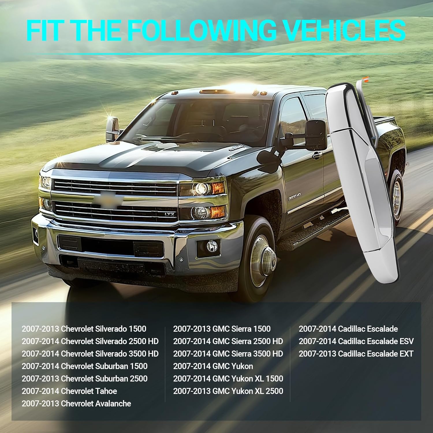Exterior Chrome Door Handle, Rear Passenger Side, Compatible with 2007-2014 Chevy Silverado Suburban Tahoe GMC Sierra Yukon Cadillac Escalade,
Exterior Chrome Door Handle, Rear Passenger Side, Compatible with 2007-2014 Chevy Silverado Suburban Tahoe GMC Sierra Yukon Cadillac Escalade,