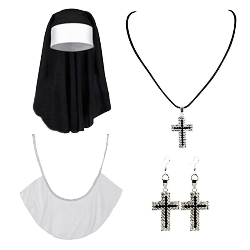 Women Role Play Nun Outfit with Headpiece Crossing Pendant Necklace Collar Stocking Halloween Nun Costumes Accessories
Women Role Play Nun Outfit with Headpiece Crossing Pendant Necklace Collar Stocking Halloween Nun Costumes Accessories
