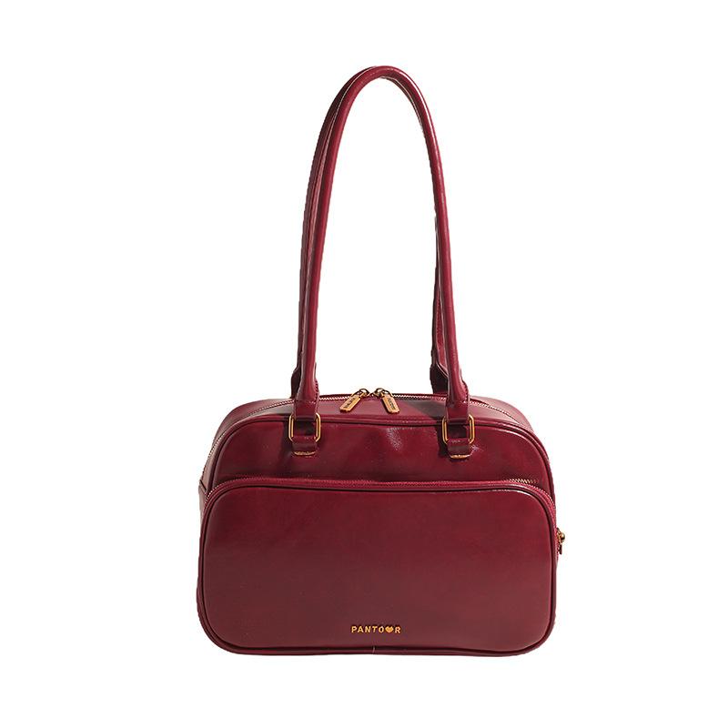 Осенняя ретро портативная сумка для боулинга женская 2025 новая простая нишевая сумка подмышку большая вместительная сумка-портфель красный