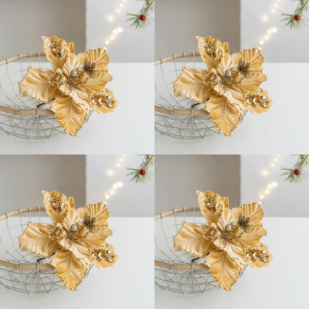 Набор из 4 высококачественных фланелевых цветов с пайетками, искусственные золотистые и шампанского пуансеттии для украшения праздничной елки
Набор из 4 высококачественных фланелевых цветов с пайетками, искусственные золотистые и шампанского пуансеттии для украшения праздничной елки