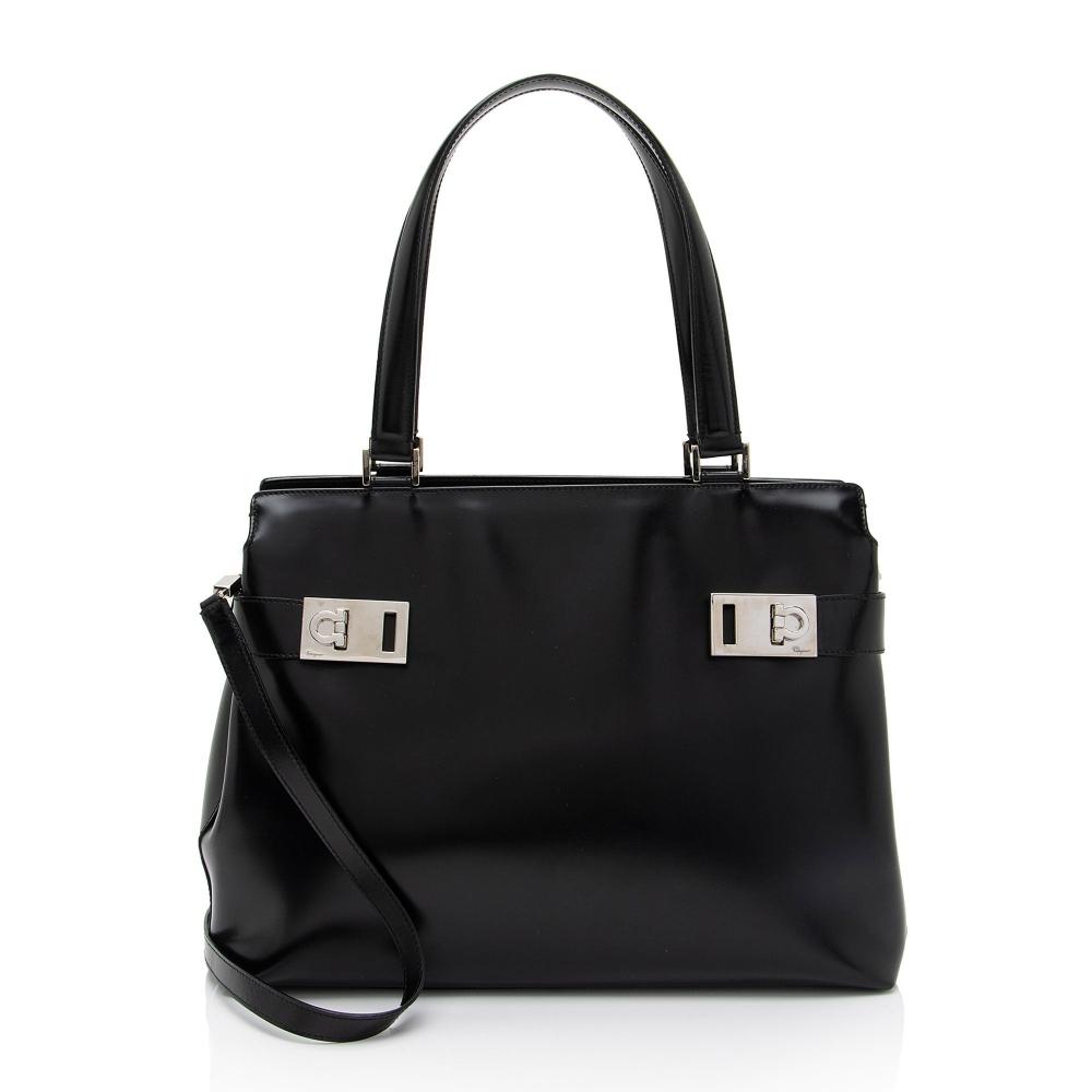 Salvatore Ferragamo Leather Gancini Buckle Tote Black 
Salvatore Ferragamo Leather Gancini Buckle Tote Black