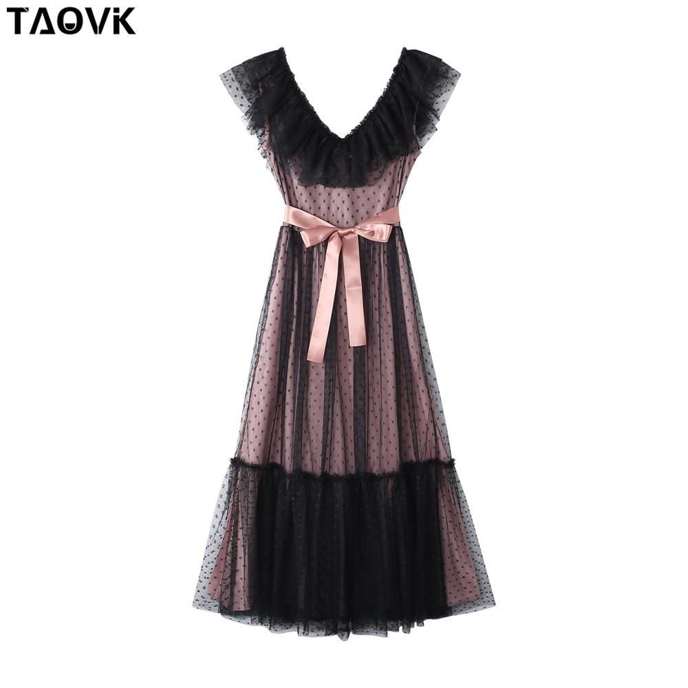 TAOVK женское кружевное платье подружки невесты с v-образным вырезом без рукавов, сексуальное сетчатое платье для свадебной вечеринки S чёрный