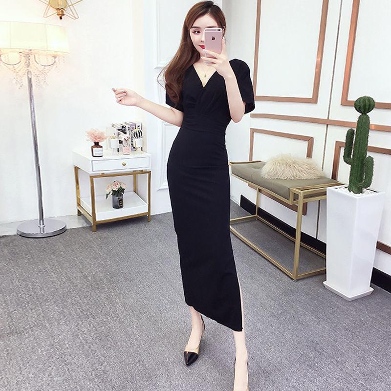 Elegant Black V-Neck Short-Sleeved Summer Dress for Women - Slimming Waist, Hip-Hugging Fit, Slit Long Skirt Medium
Elegant Black V-Neck Short-Sleeved Summer Dress for Women - Slimming Waist, Hip-Hugging Fit, Slit Long Skirt Medium