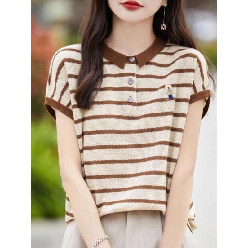 Embroidery striped lapel neck knitted sweater short-sleeved T-shirt women s, summer new striped loose lapel neck top shirt One size fits all
Embroidery striped lapel neck knitted sweater short-sleeved T-shirt women s, summer new striped loose lapel neck top shirt One size fits all