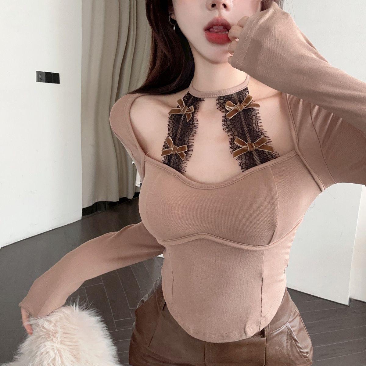 Женские футболки с квадратным воротником и длинными рукавами, милые Y2k, сексуальный кружевной укороченный топ с эстетическим бантом, шикарные японские модные тонкие футболки S хаки