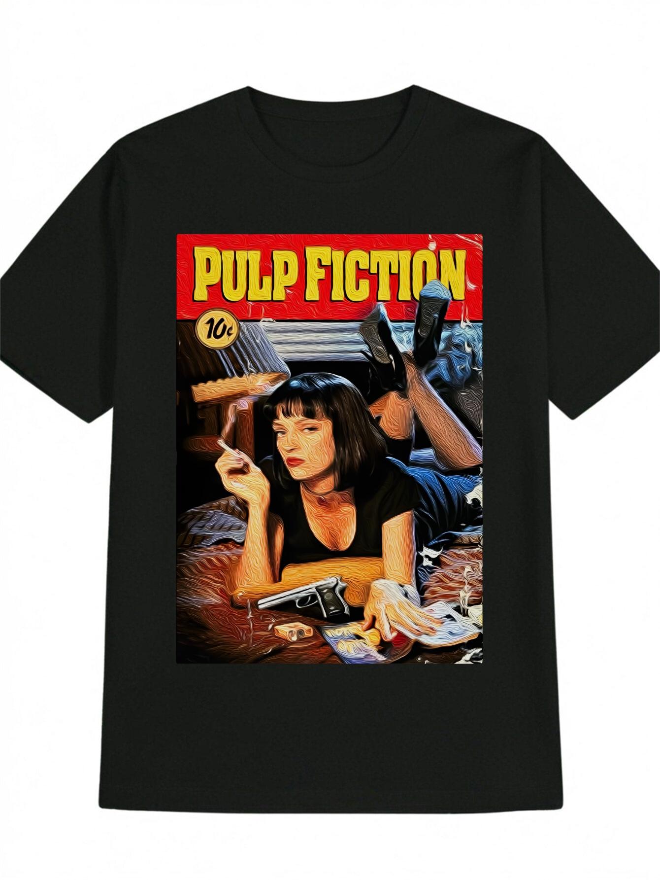 Casual Graphic T-shirt - Pulp Fiction Movie Art Print with Bold Yellow Text & Red Background - Black Round Neck Summer Tee Featuring Female Character S
Casual Graphic T-shirt - Pulp Fiction Movie Art Print with Bold Yellow Text & Red Background - Black Round Neck Summer Tee Featuring Female Character S