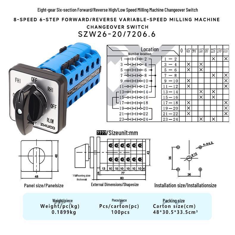 Zhuochao Eight-Speed Six-Position Milling Machine Speed/Direction Changeover Switch (SZW26-20/7206.6)
Zhuochao Eight-Speed Six-Position Milling Machine Speed/Direction Changeover Switch (SZW26-20/7206.6)