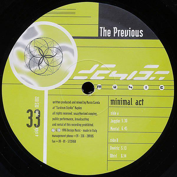 12inch Record PREVIOUS - Minimal Act DES002 Design Music 1996 Italy Dance & Electronica Used
12inch Record PREVIOUS - Minimal Act DES002 Design Music 1996 Italy Dance & Electronica Used