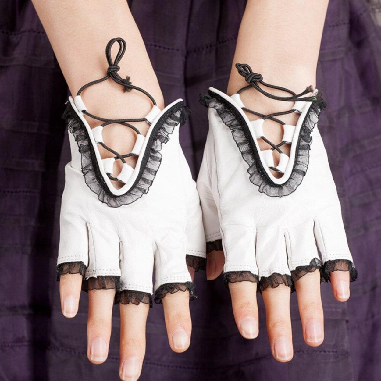 Перчатки из натуральной овчины, веревочные перчатки без пальцев, женские ремни, ажурные варежки с перекрестной шнуровкой и рюшами M белый