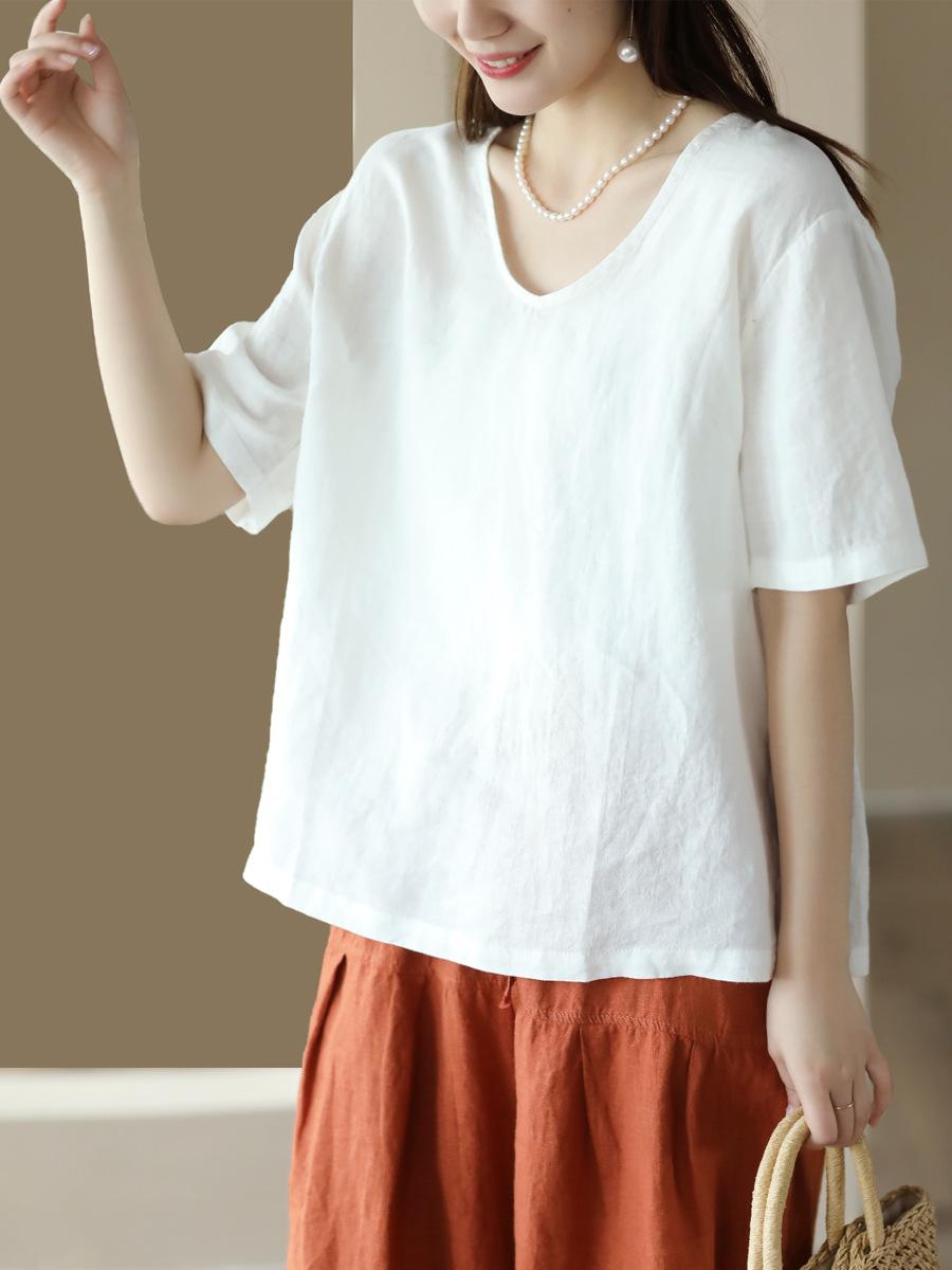 New retro cotton and linen top women s loose and thin V-neck short-sleeved jumper casual solid color T-shirt linen shirt summer M білий
New retro cotton and linen top women s loose and thin V-neck short-sleeved jumper casual solid color T-shirt linen shirt summer M білий