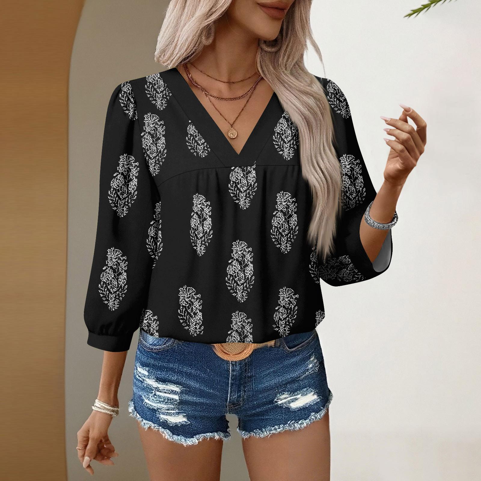 Женские повседневные блузки с V-образным вырезом и цветочным принтом, рукав 3/4, бохо, осенние топы, рубашки M чёрный
Женские повседневные блузки с V-образным вырезом и цветочным принтом, рукав 3/4, бохо, осенние топы, рубашки M чёрный