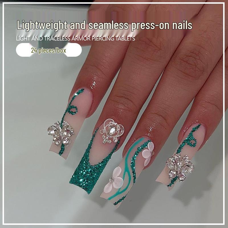 Green Glitter Flower Press-On Nails - Super Sparkly Long Square with Gold Scepter Embossed Tips Gel Cure Glue
Green Glitter Flower Press-On Nails - Super Sparkly Long Square with Gold Scepter Embossed Tips Gel Cure Glue