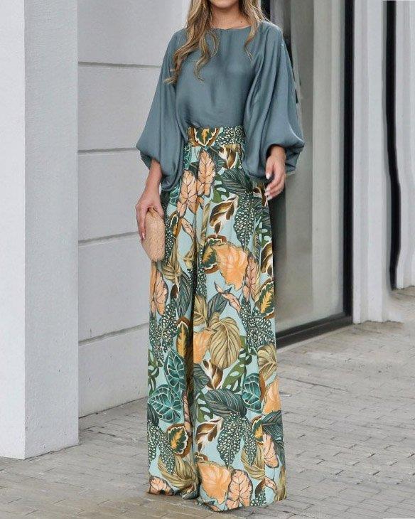Women s Loose Lantern Sleeve Top with High Waist Printed Wide Leg Pants Set in Blue, Gray, Orange S зелений
Women s Loose Lantern Sleeve Top with High Waist Printed Wide Leg Pants Set in Blue, Gray, Orange S зелений