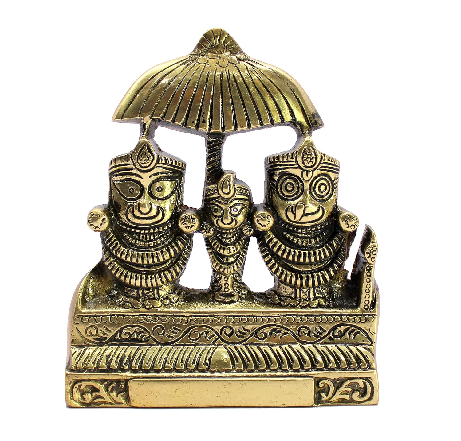 Pure Brass Jagannath Balram & Subhadra Maa Idol, Golden, Sculpture - 5.25 Inch
Pure Brass Jagannath Balram & Subhadra Maa Idol, Golden, Sculpture - 5.25 Inch