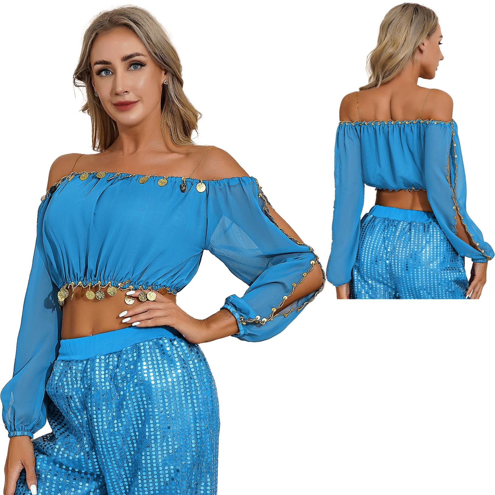 Женская одежда для индийских танцев, сексуальный укороченный топ с открытыми плечами, пышными рукавами и кисточками, шаль на шнуровке, костюм для танца живота One Size небесно-голубой
Женская одежда для индийских танцев, сексуальный укороченный топ с открытыми плечами, пышными рукавами и кисточками, шаль на шнуровке, костюм для танца живота One Size небесно-голубой