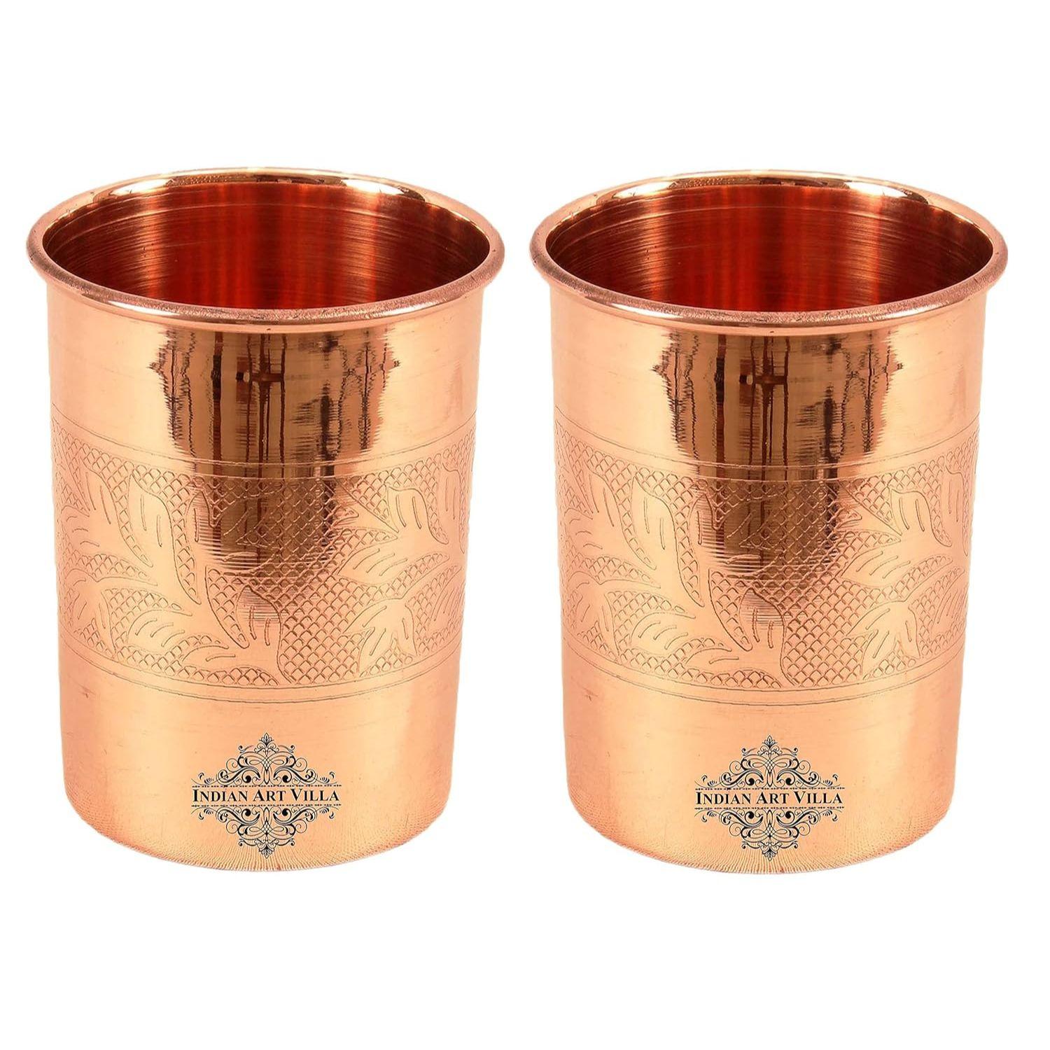 Copper Water Glasses with Embossed Design, Drinkware & Serveware, Ayurvedic Health Benefits, 300 ml Capacity, Set of 2
Copper Water Glasses with Embossed Design, Drinkware & Serveware, Ayurvedic Health Benefits, 300 ml Capacity, Set of 2