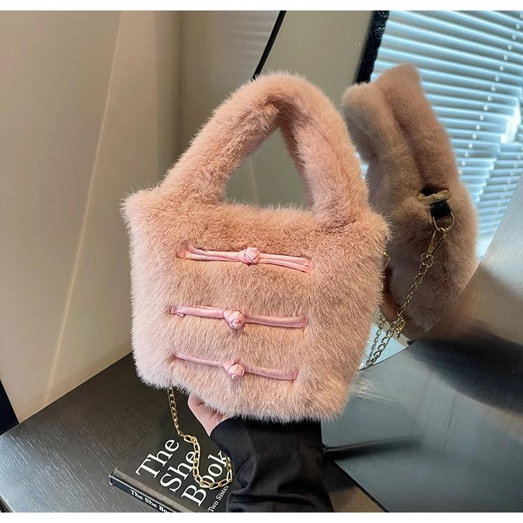 Легкая роскошная китайская ретро-сумка через плечо, простая модная женская сумка через плечо с цепочкой, плюшевая универсальная сумка-ведро с верхней ручкой розовый