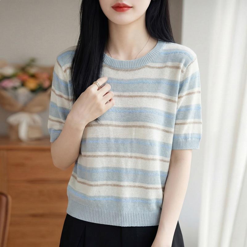 Round-neck Knitted Short-sleeved Women s Multi-color Striped Pullover Contrast-color Loose T-shirt, Summer and Spring New Style XL синій
Round-neck Knitted Short-sleeved Women s Multi-color Striped Pullover Contrast-color Loose T-shirt, Summer and Spring New Style XL синій