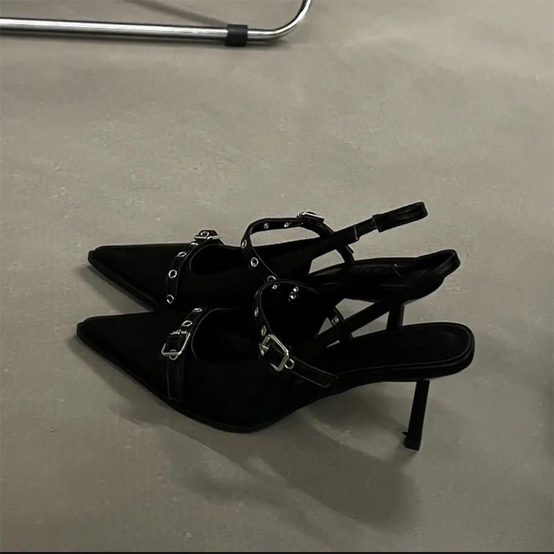 мода 2024 Лето Новый Бренд Женские Сандалии Мода Острый Носок Мелкая Пряжка Женские Платья Босоножки Слингбэк Высокий Каблук Мюли Сандалии 35 чёрный