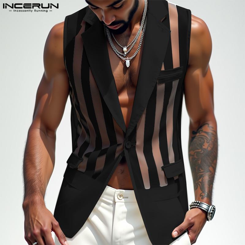 INCERUN Men Lapel Neck Sleeveless One Button Striped Mesh Sheer See Through Waistcoats S чёрный
INCERUN Men Lapel Neck Sleeveless One Button Striped Mesh Sheer See Through Waistcoats S чёрный