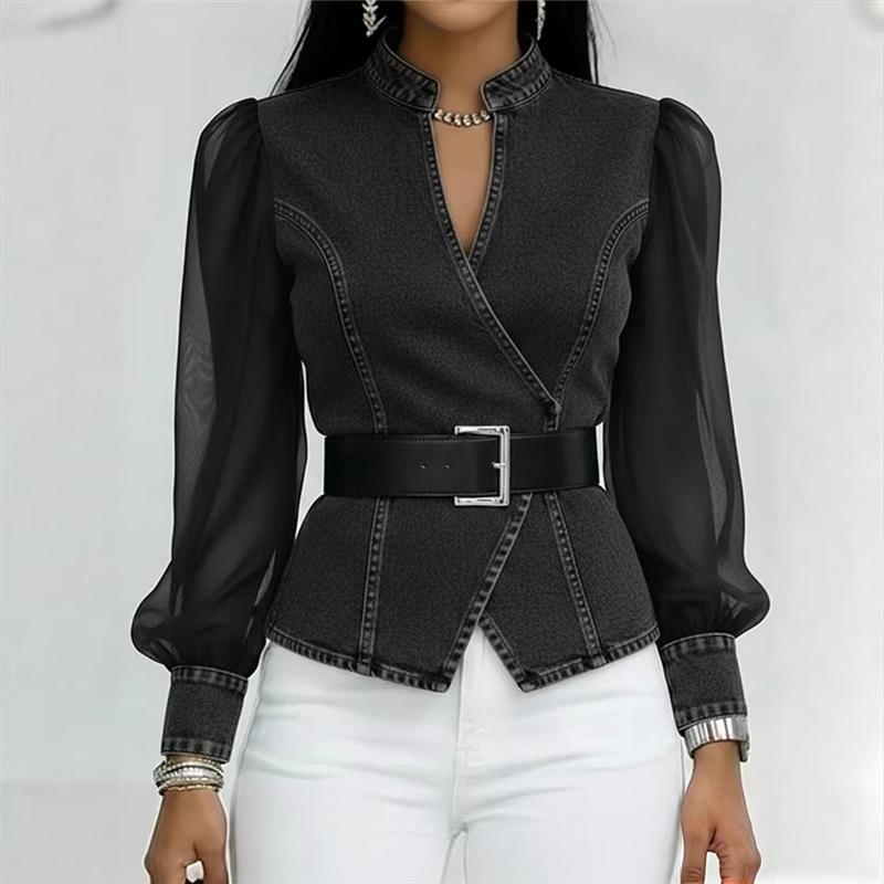 Women s Sheer Mesh Puff Sleeve Denim Blouse V-neck Wrap Top With Belt L чёрный
Women s Sheer Mesh Puff Sleeve Denim Blouse V-neck Wrap Top With Belt L чёрный