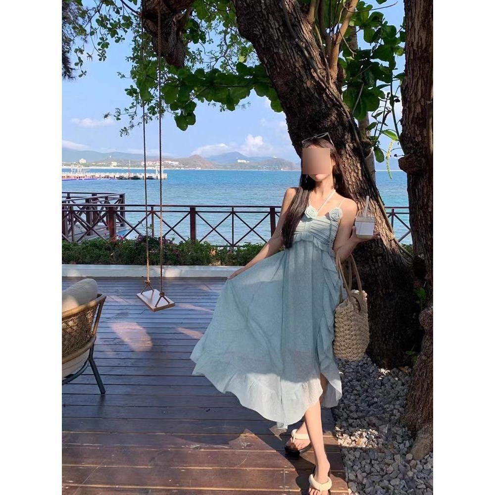 Зеленый французский цветочный сарафан-халтер - Женское летнее пляжное отпускное платье макси с оборками L (50-55kg)