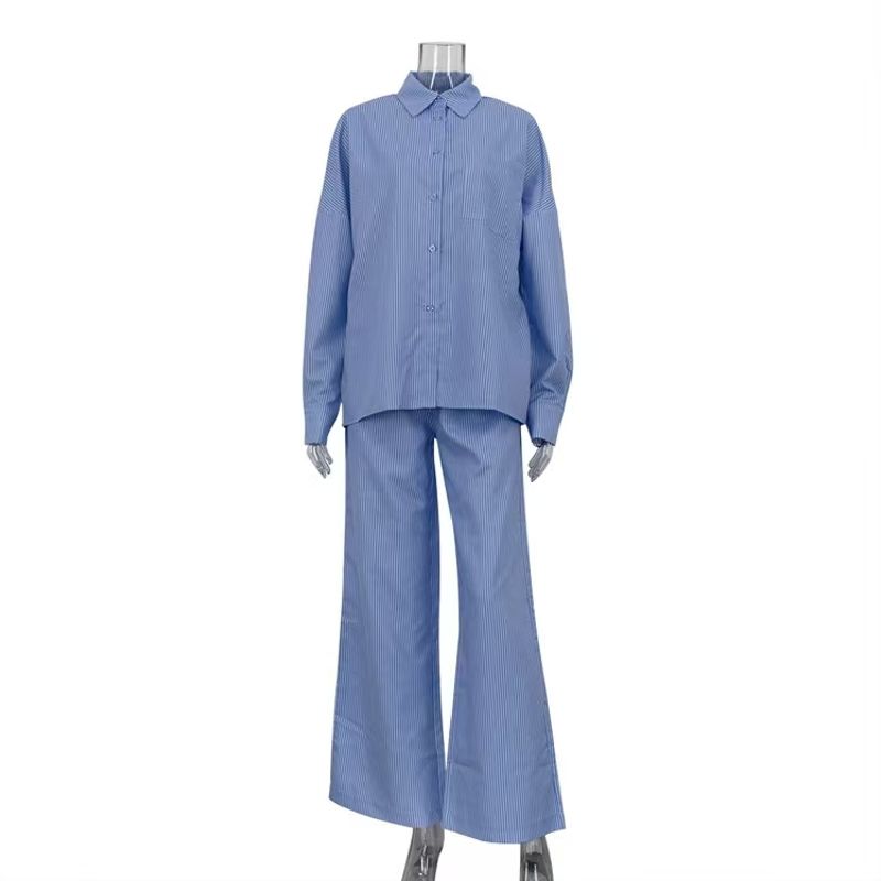 European and American Loose Cardigan Stripe Lapel Shirts Trousers Set Striped Shirt and Pants Set Blue S
European and American Loose Cardigan Stripe Lapel Shirts Trousers Set Striped Shirt and Pants Set Blue S