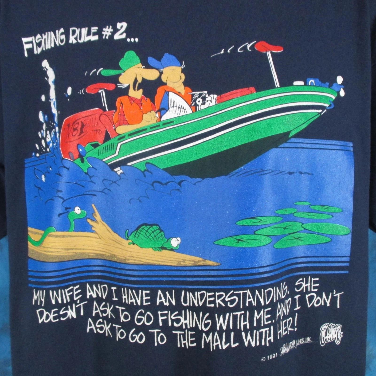 vintage 90s FISHING WIFE JOKE UNBALANCED LINES CARTOON T-Shirt XL single stitch S
vintage 90s FISHING WIFE JOKE UNBALANCED LINES CARTOON T-Shirt XL single stitch S