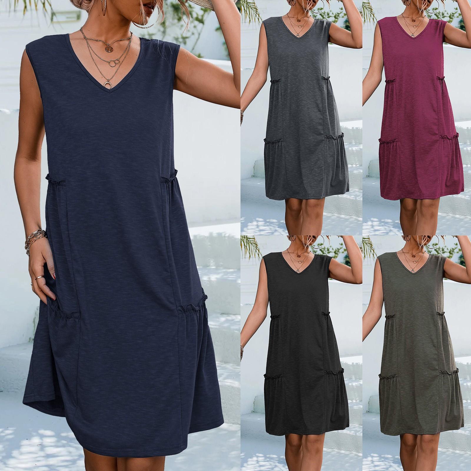 Модное женское летнее сексуальное сплошное цветное платье без рукавов с V-образным вырезом и карманом 
Модное женское летнее сексуальное сплошное цветное платье без рукавов с V-образным вырезом и карманом