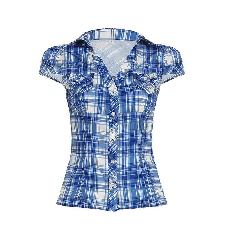 European and American Cross-Border Retro Blue and White Plaid Short-Sleeve Shirt with Buttoned Collar and American-Style Waist-Cinching Short Top Blue C2095Tp S
European and American Cross-Border Retro Blue and White Plaid Short-Sleeve Shirt with Buttoned Collar and American-Style Waist-Cinching Short Top Blue C2095Tp S