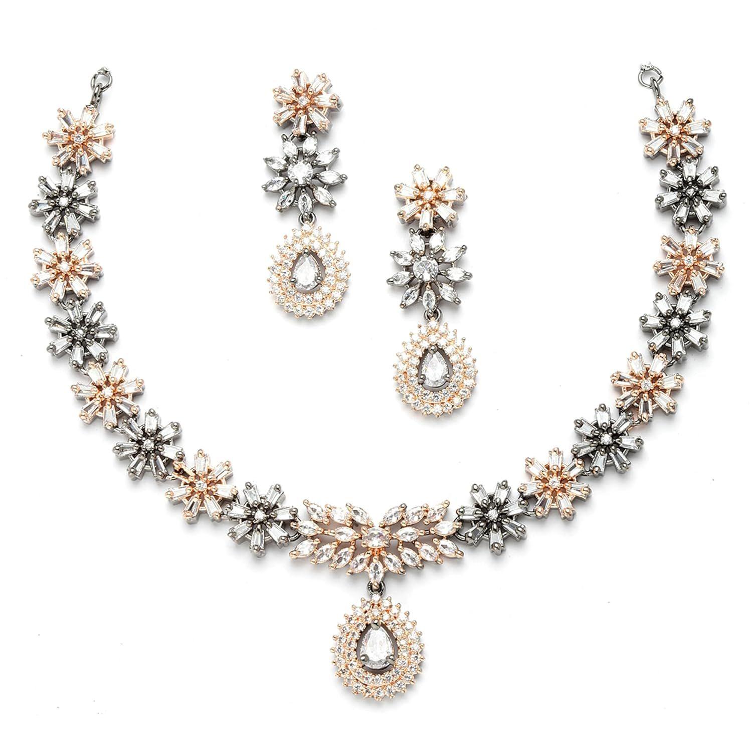 Rhodium-Plated with Silver-Toned Floral Design White American Diamond Studded Jewellery Set
Rhodium-Plated with Silver-Toned Floral Design White American Diamond Studded Jewellery Set