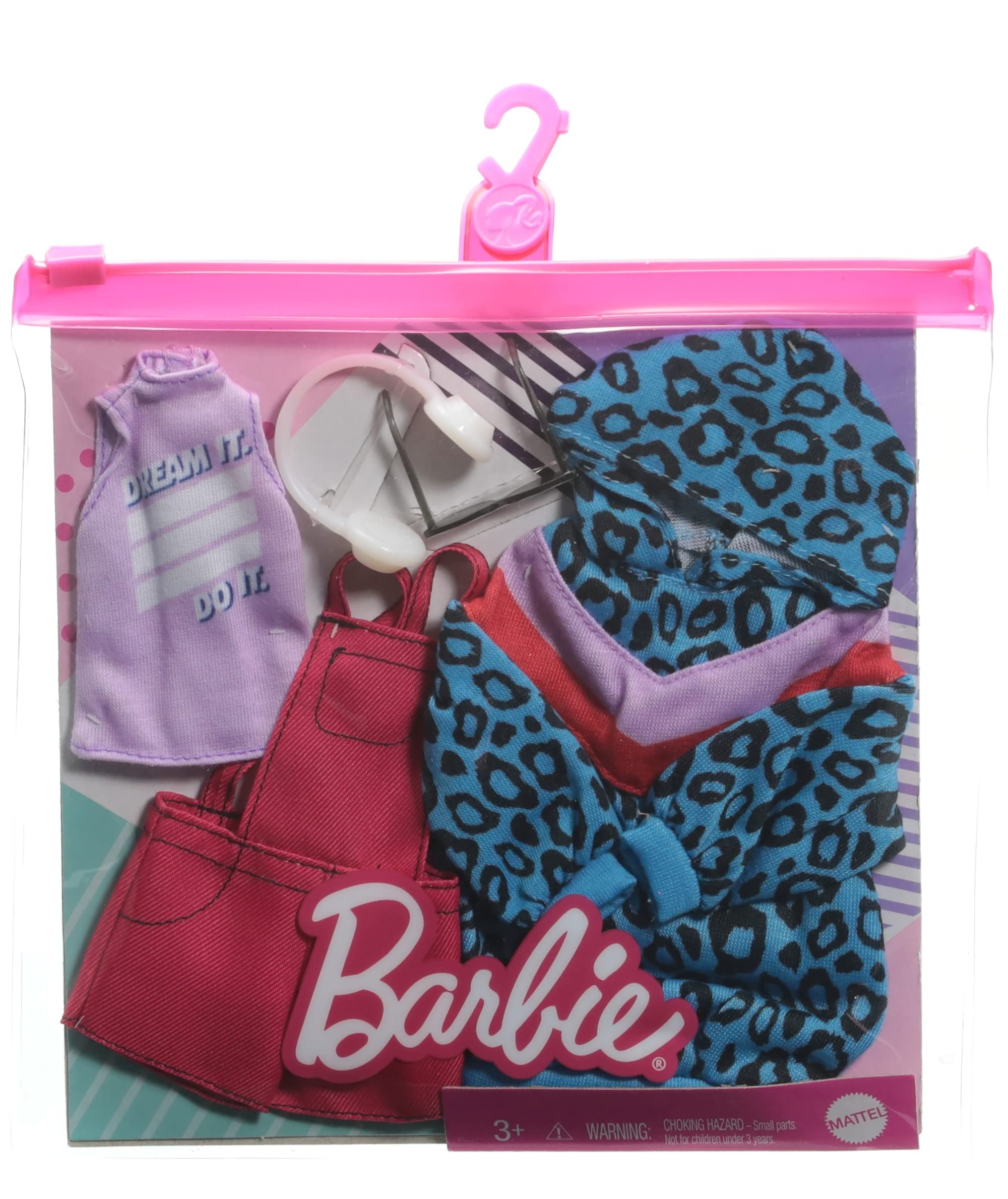 Mattel Barbie Fashion включає в себе аксесуари для комбінезона з художнім малюнком Hoodie Graphic Red - 2 шт., сукню з тваринним принтом, топ і
Mattel Barbie Fashion включає в себе аксесуари для комбінезона з художнім малюнком Hoodie Graphic Red - 2 шт., сукню з тваринним принтом, топ і