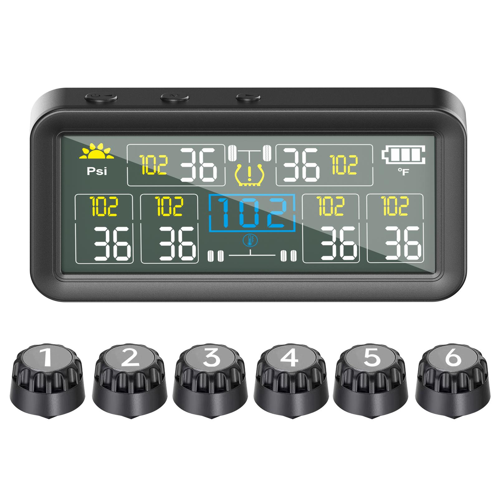 Tire Pressure Monitor with 6 External Sensors, LCD Display, Solar and Type C Charging, Auto On Off, Temperature and Low
Tire Pressure Monitor with 6 External Sensors, LCD Display, Solar and Type C Charging, Auto On Off, Temperature and Low