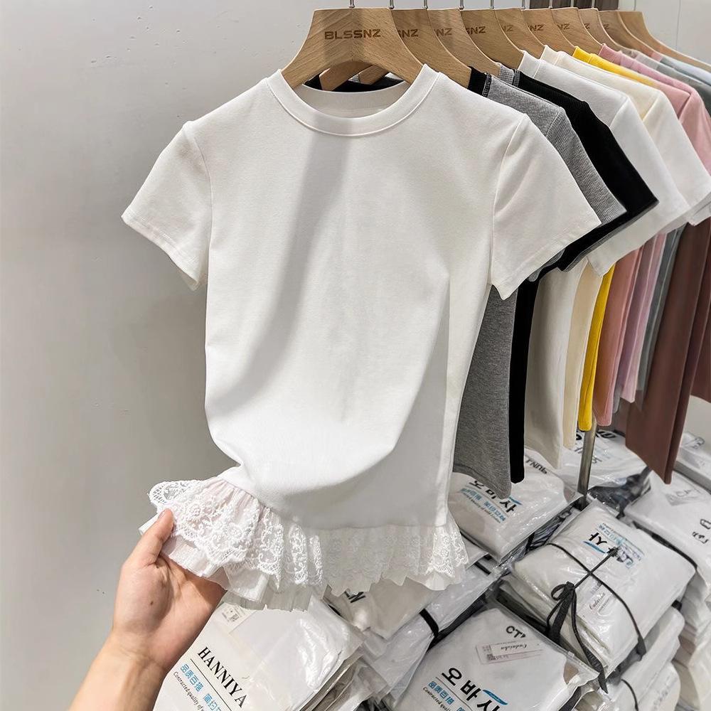 White Lace Patchwork Ballet Sleeve T-shirt for Women - Spring/Summer 2025 L 
White Lace Patchwork Ballet Sleeve T-shirt for Women - Spring/Summer 2025 L