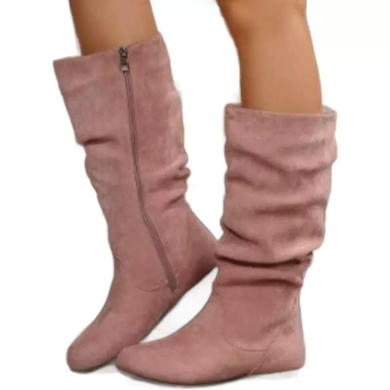 Трансграничная внешняя торговля, большие размеры, средние ботинки, женские, осень и зима, новые, с боковой молнией, плиссированные, штабелированные, замшевые, с плоским дном, ковбойские ботинки 36 розовый