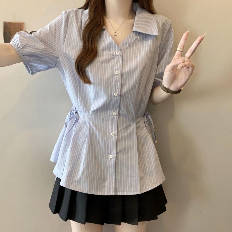 Striped Waist Design Women s Shirt Chic Lapel Design Single Breasted Short Sleeved Tops Korean Elegant Ladies Clothing One Size синій
Striped Waist Design Women s Shirt Chic Lapel Design Single Breasted Short Sleeved Tops Korean Elegant Ladies Clothing One Size синій