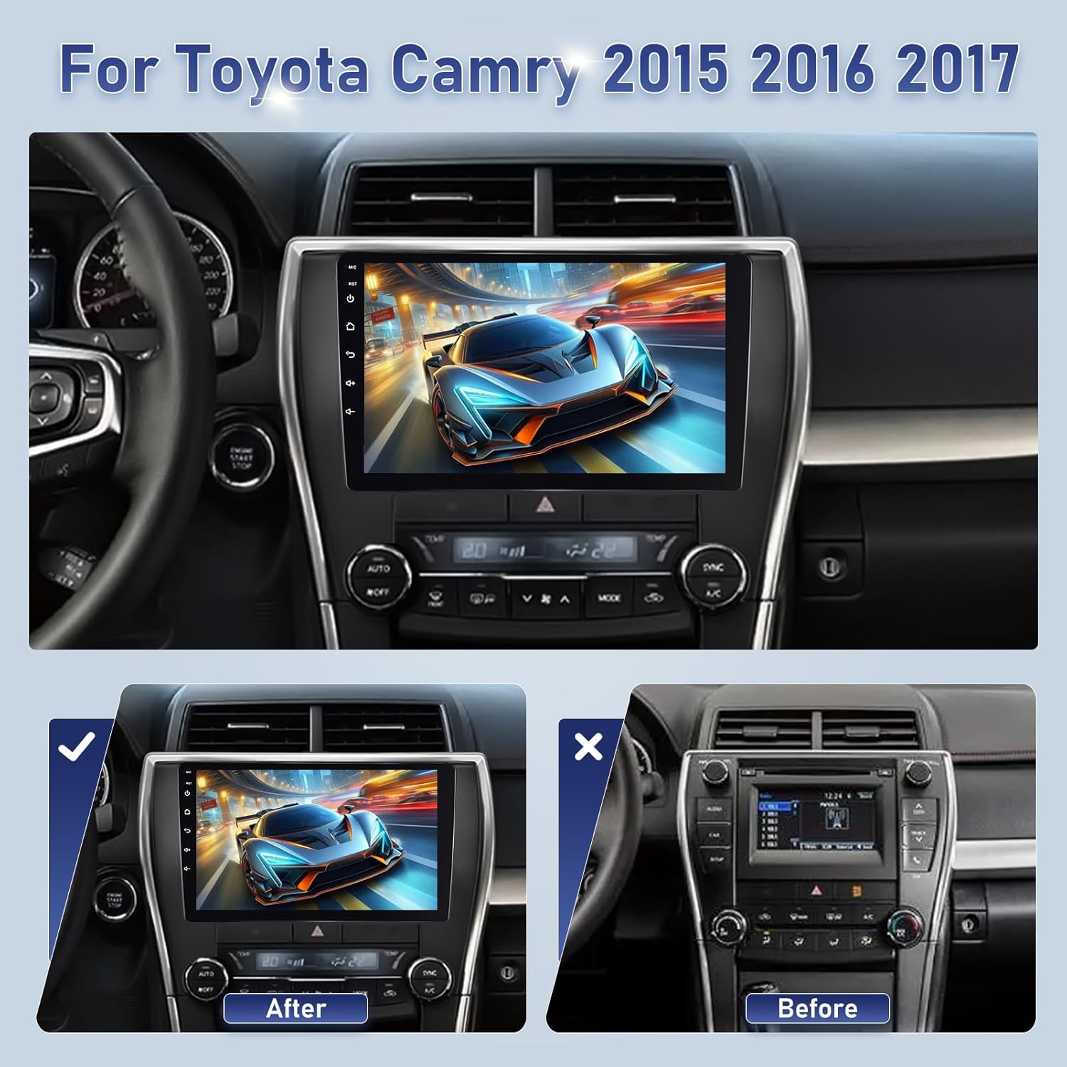 2GB+64GB Car Radio for Toyota Camry 2015-2017, 10.1 Android Touch Screen with CarPlay/Android Auto, Bluetooth, FM RDS, SWC United States
2GB+64GB Car Radio for Toyota Camry 2015-2017, 10.1 Android Touch Screen with CarPlay/Android Auto, Bluetooth, FM RDS, SWC United States