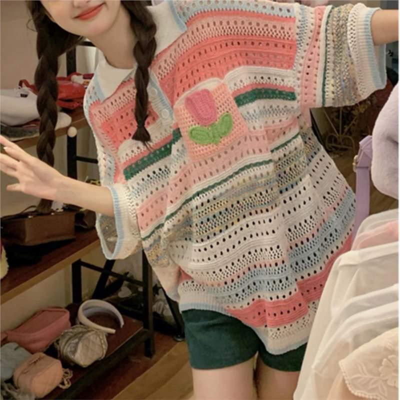 Women s 2024 Colorful Striped Knit Polo Shirt - Short Sleeve Retro Lapel T-shirt with Hollowed Design XXL
Women s 2024 Colorful Striped Knit Polo Shirt - Short Sleeve Retro Lapel T-shirt with Hollowed Design XXL