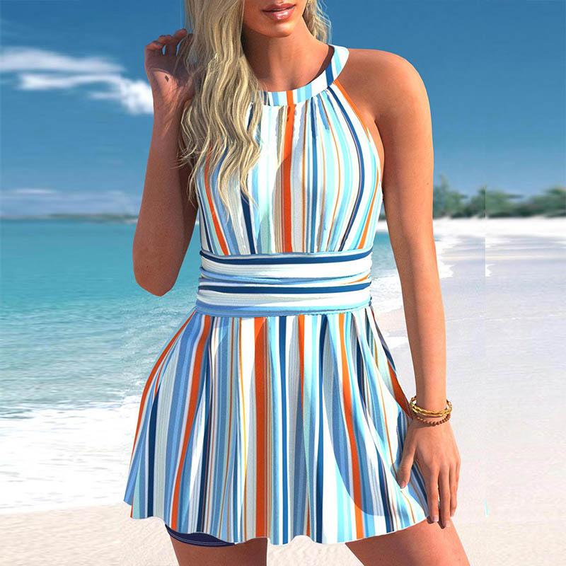 Женский многоцветный купальник-бикини с лямкой на шее и вертикальными полосками и принтом-танкини
Женский многоцветный купальник-бикини с лямкой на шее и вертикальными полосками и принтом-танкини