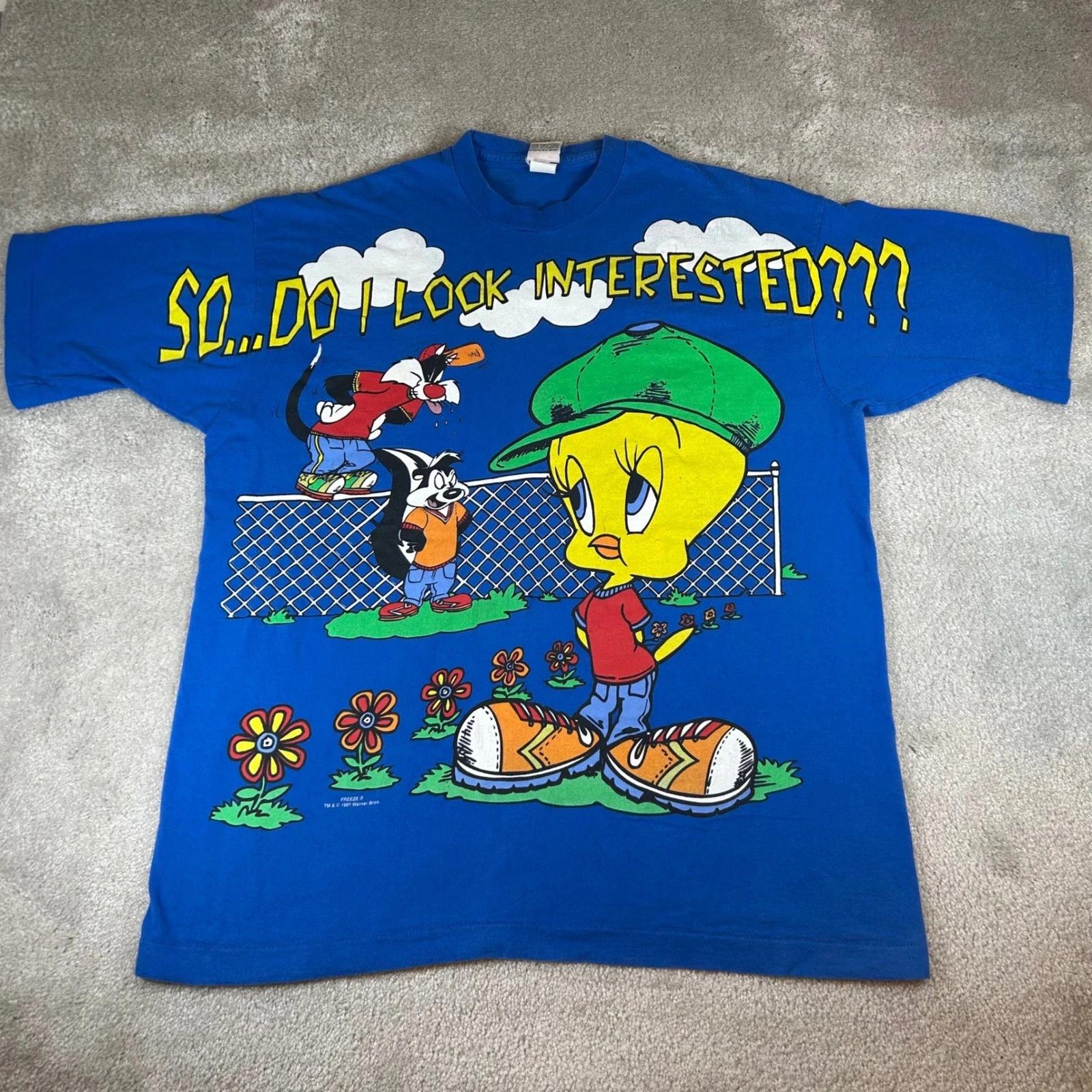 Vintage 1997 Freeze Looney Tunes T-shirt Men s XL Blue Tweety Bird Sylvester AOP L
Vintage 1997 Freeze Looney Tunes T-shirt Men s XL Blue Tweety Bird Sylvester AOP L