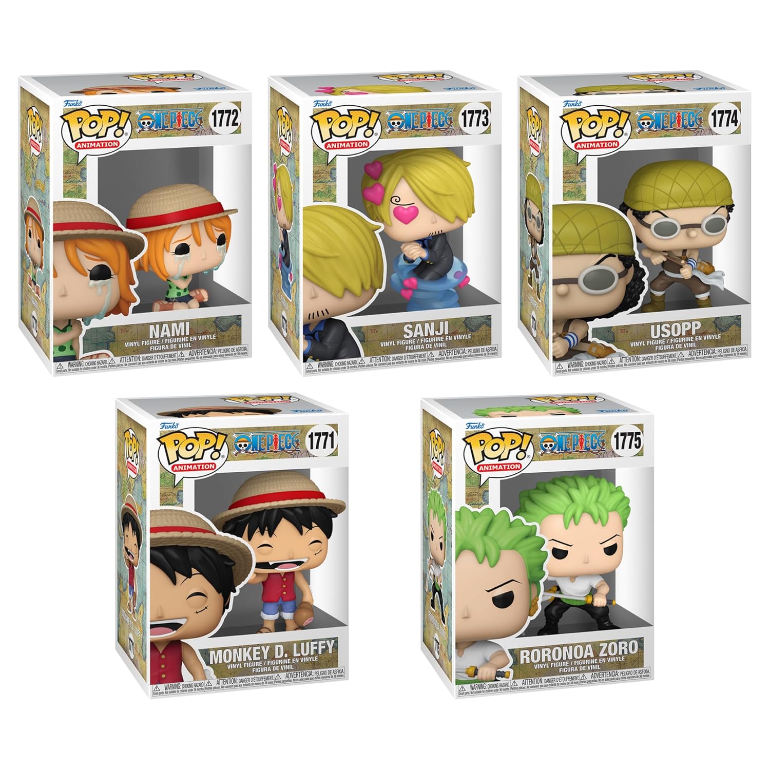 Funko Pop Animation One Piece Bundle (5 Pack) Monkey D. Luffy #1771 Nami #1772 Sanji #1773 Usopp #1774 Roronoa Zoro Common #1775 Collector Vinyl
Funko Pop Animation One Piece Bundle (5 Pack) Monkey D. Luffy #1771 Nami #1772 Sanji #1773 Usopp #1774 Roronoa Zoro Common #1775 Collector Vinyl