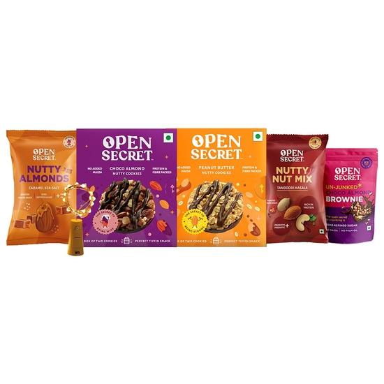 Open Secret Diwali Munchies Hamper | Assorted Cookies Gift Box, Brownie, Assorted Nut Mix - Tandoori Masala and Caramel Sea Salt, Festive Lights
Open Secret Diwali Munchies Hamper | Assorted Cookies Gift Box, Brownie, Assorted Nut Mix - Tandoori Masala and Caramel Sea Salt, Festive Lights