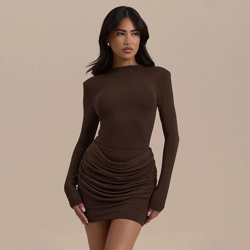 Autumn new women s clothing European and American style long-sleeved solid color slim-fitting waist and thin round neck hip-wrapped dress S коричневый
Autumn new women s clothing European and American style long-sleeved solid color slim-fitting waist and thin round neck hip-wrapped dress S коричневый